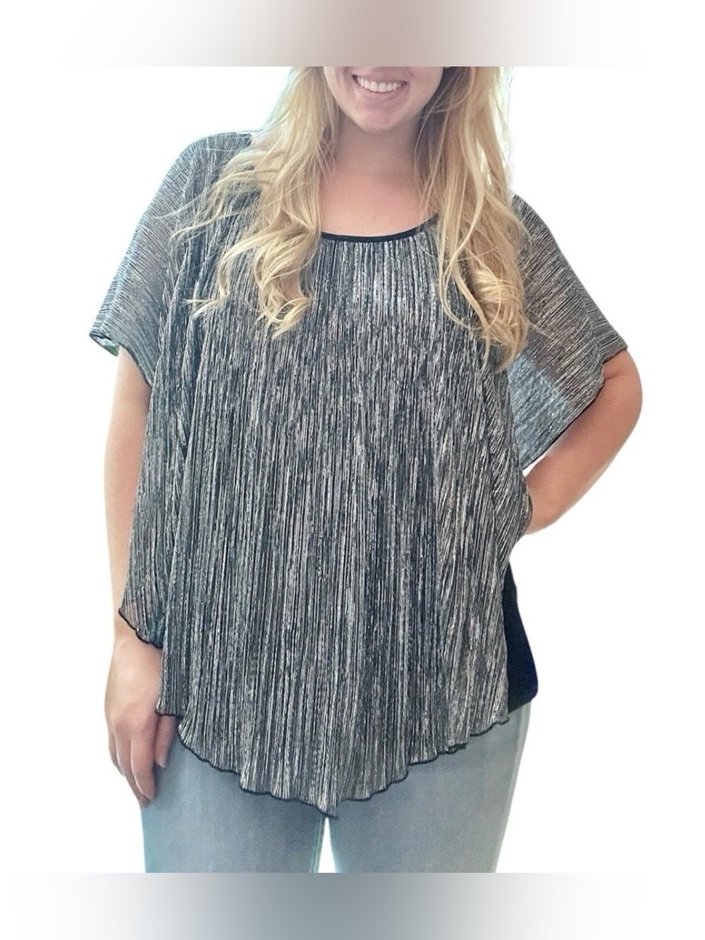 Cato Women’s XL Shimmer Metallic Flutter Blouse Inner Tank Black Silver Y2K 90s